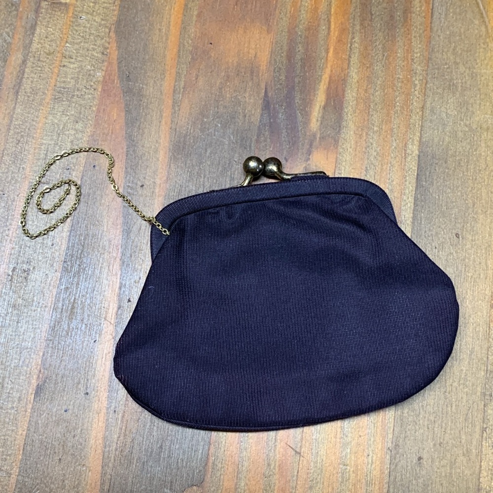 Antique Silk and Brass Clasp Coinpurse with Purse Chain and Kid Leather Interior